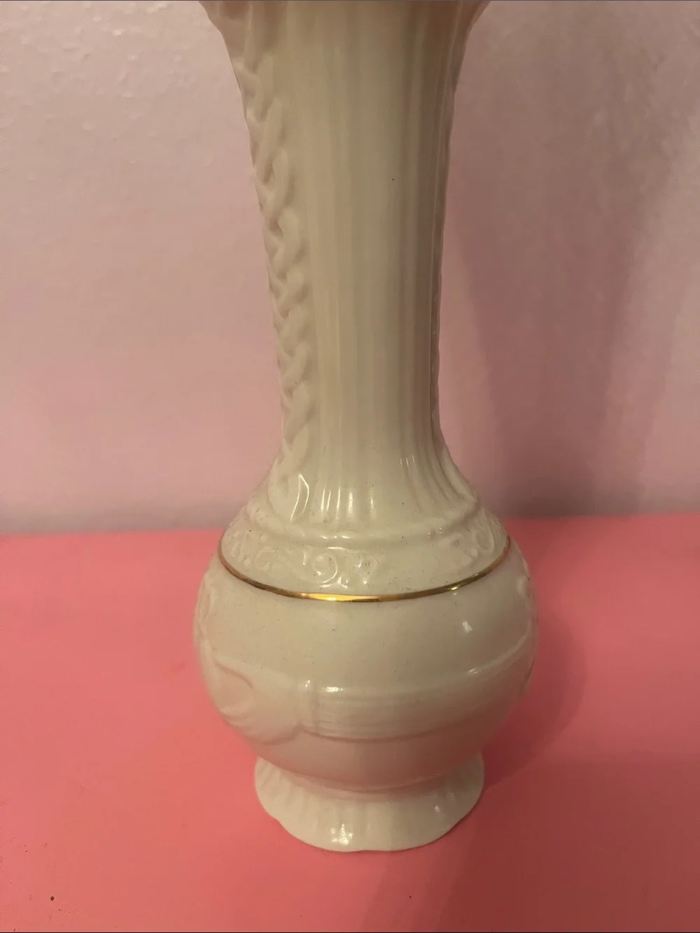 Belleek Cream Ceramic Bud Vase with Gold Trim